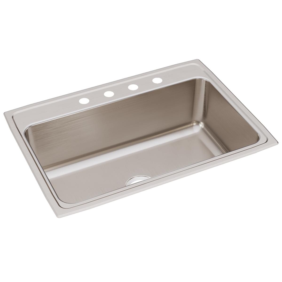 Stainless steel drop-in sink with single bowl and four mounting holes along the rim.