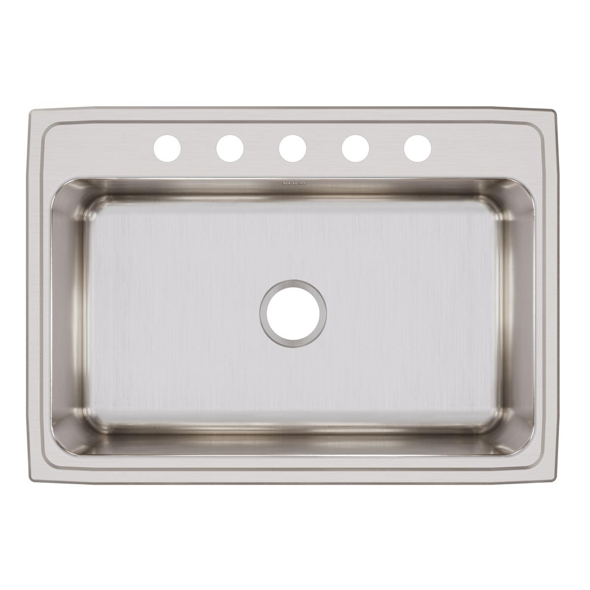 Stainless steel drop-in sink with single bowl and five mounting holes along the rim.