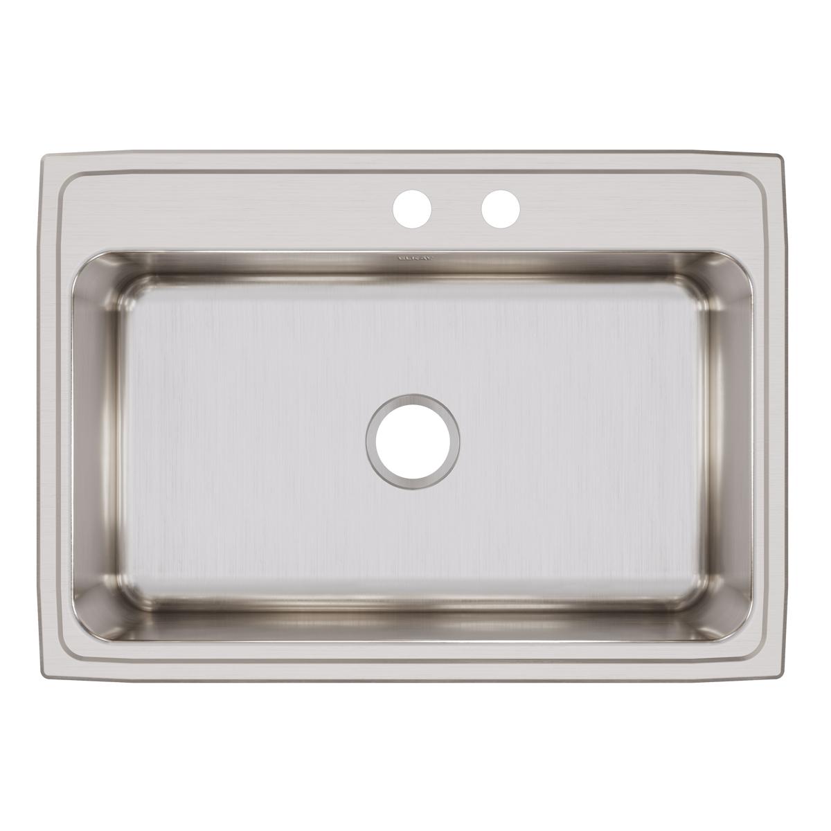 Stainless steel drop-in sink with single bowl, two pre-drilled holes, and brushed finish.