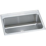 Stainless steel drop-in sink with single bowl, brushed finish rim, and drain opening at bottom center.