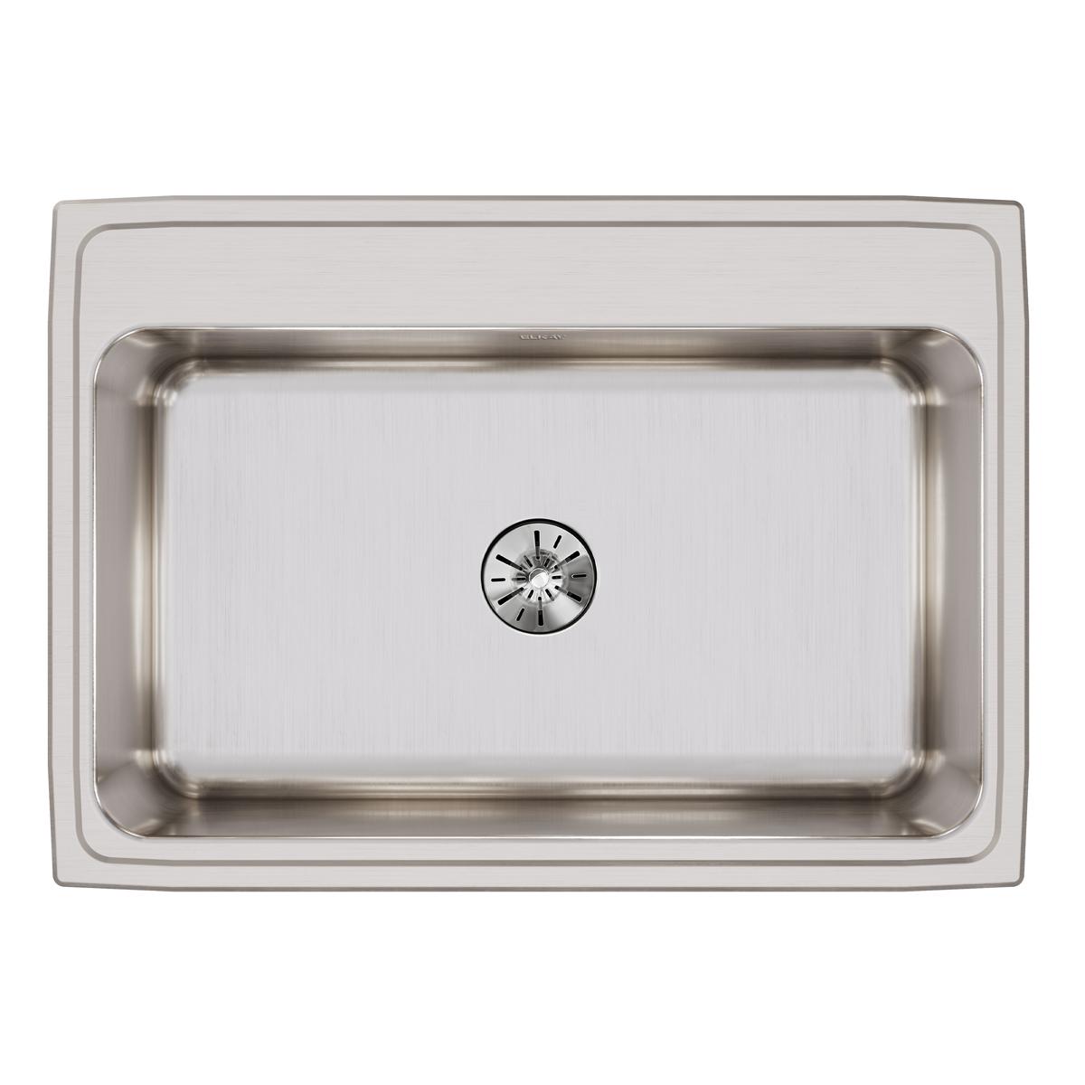 Stainless steel drop-in sink with single bowl, drain strainer, and brushed finish shown from above.