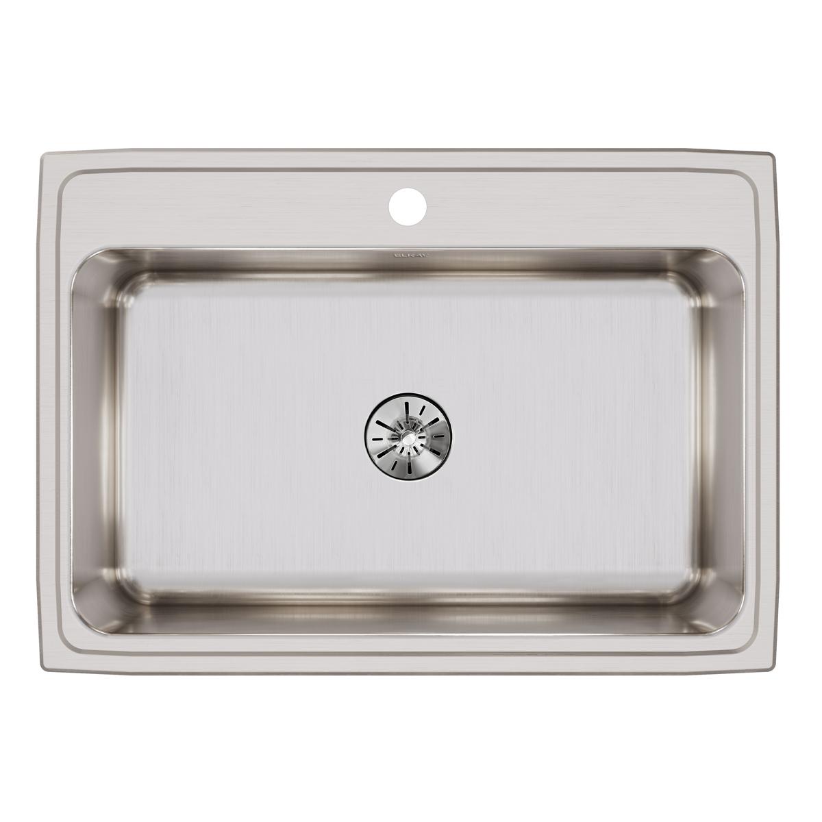 Stainless steel single bowl drop-in sink with one faucet hole and drain strainer visible from above.