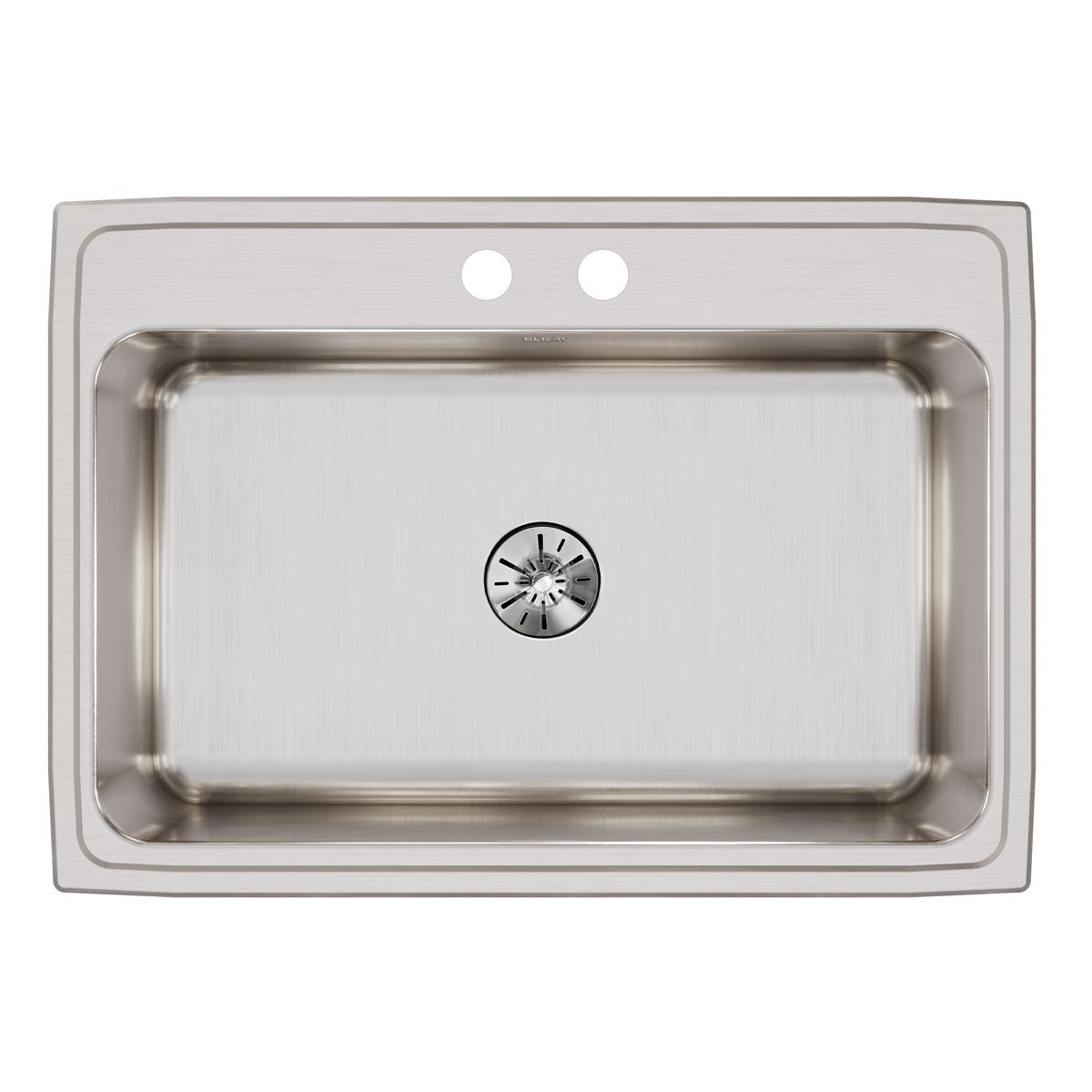 Stainless steel drop-in sink with single bowl, two mounting holes, and drain strainer in center.