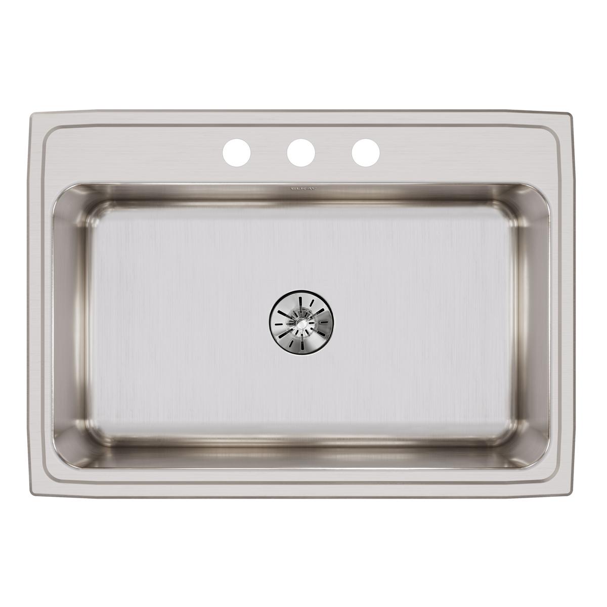 Stainless steel drop-in sink with single bowl, centered drain, and three mounting holes across the rim.