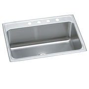 Stainless steel drop-in sink with single bowl, four mounting holes along rim, and center drain.