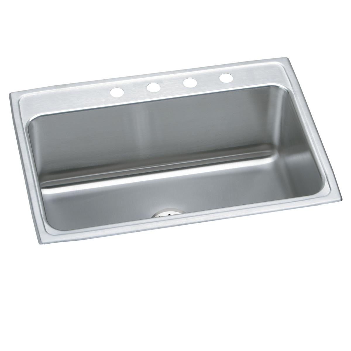 Stainless steel drop-in sink with single bowl, four mounting holes along rim, and center drain.