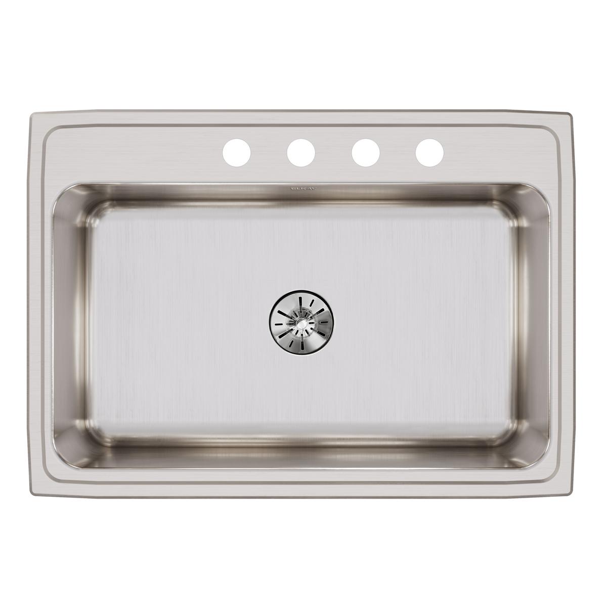 Stainless steel drop-in sink with single rectangular bowl, four mounting holes, and center drain opening.