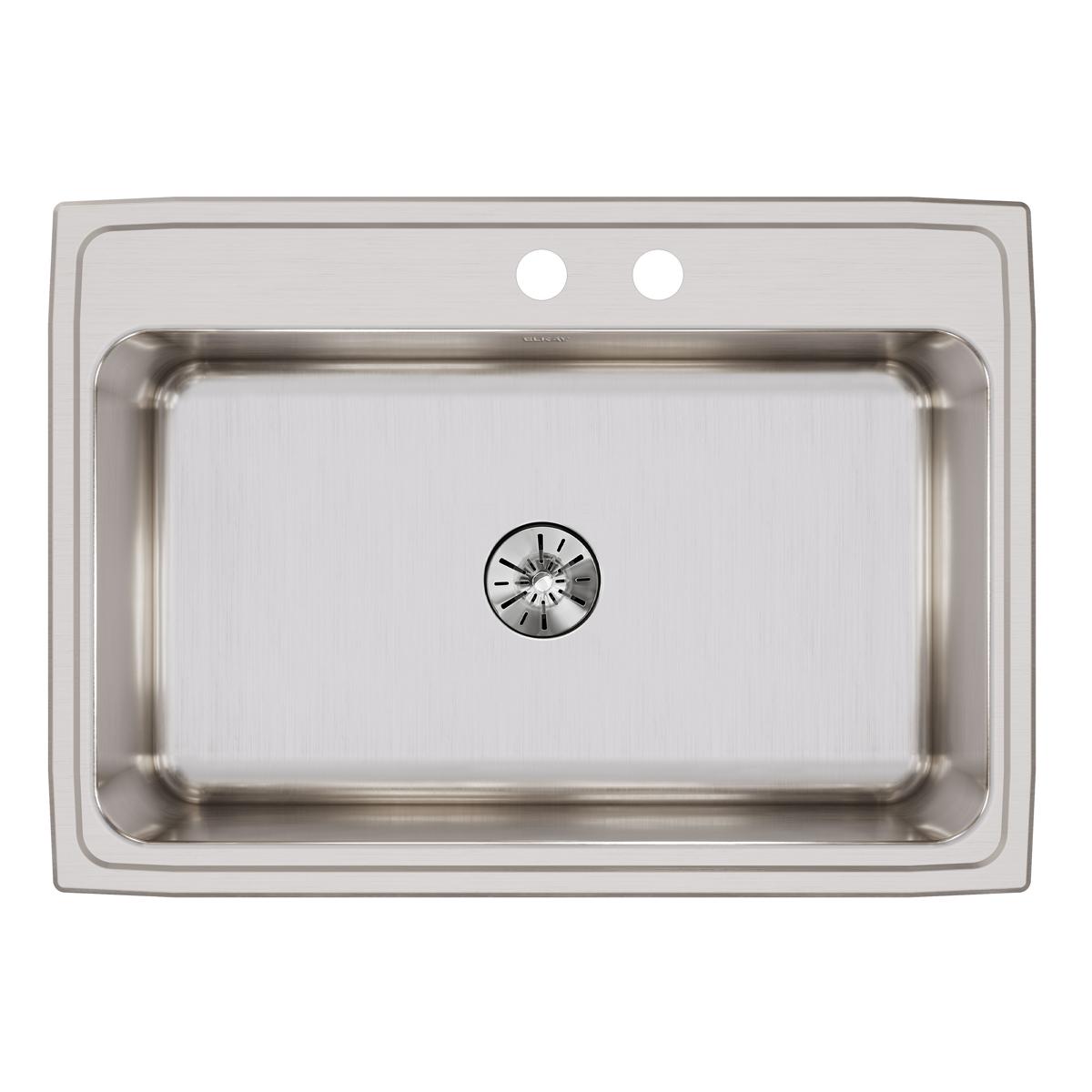 Stainless steel drop-in sink with single bowl, two faucet holes, and center drain viewed from above.
