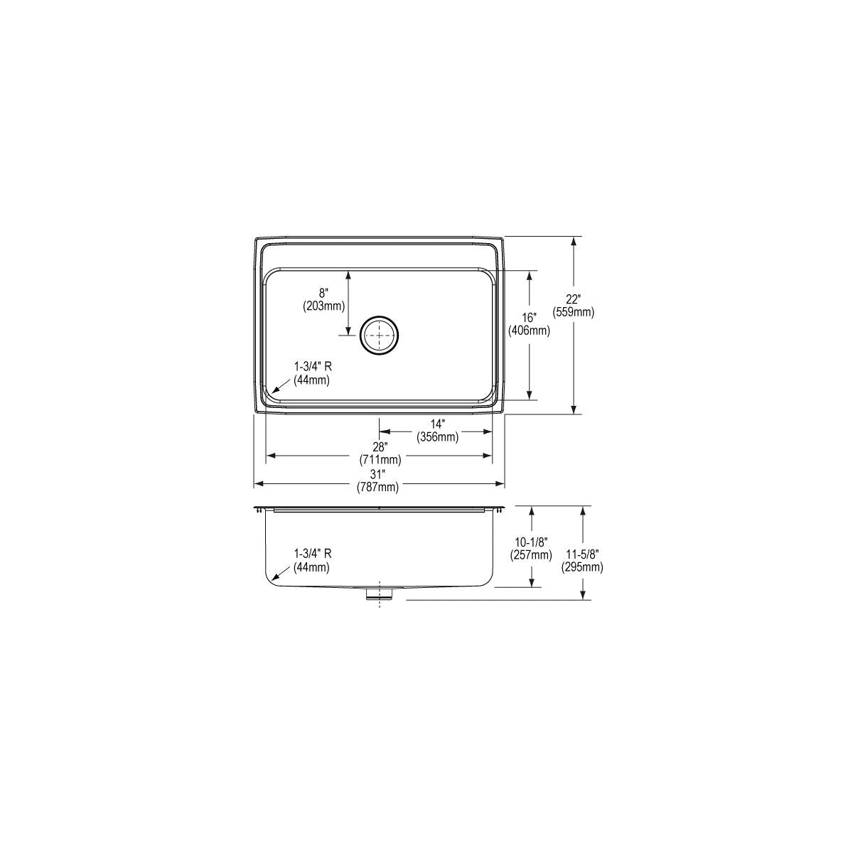 Stainless steel drop-in sink with single bowl, four mounting holes, and drain centered in basin, shown with top and side meas