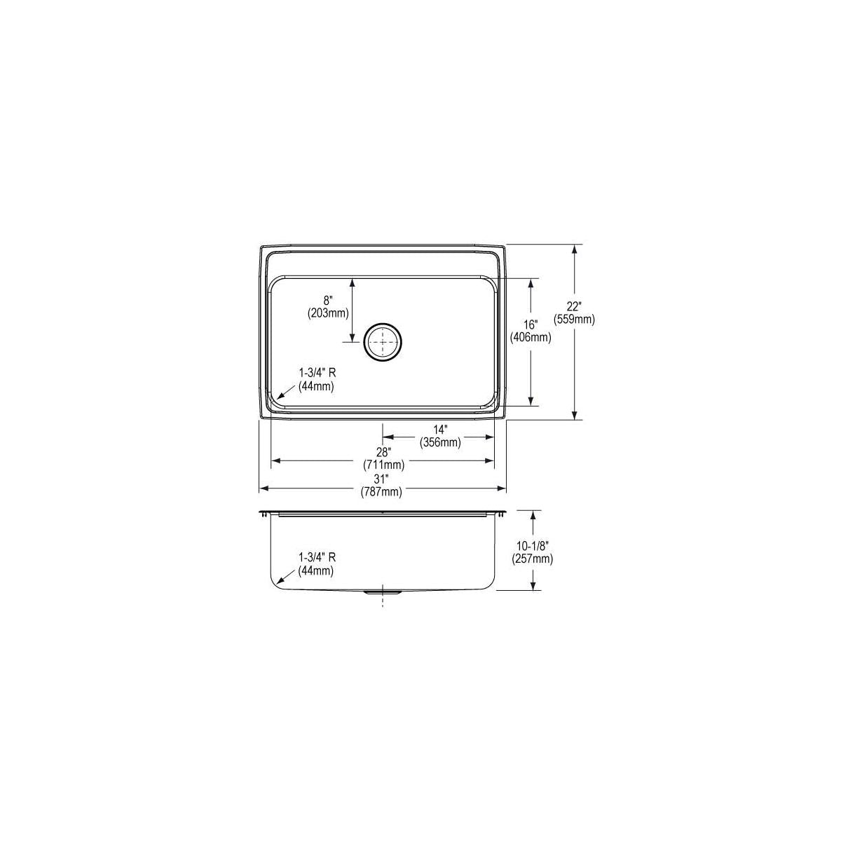 Stainless steel single bowl drop-in sink with two holes and rounded corners, shown in top and side view with dimensions.