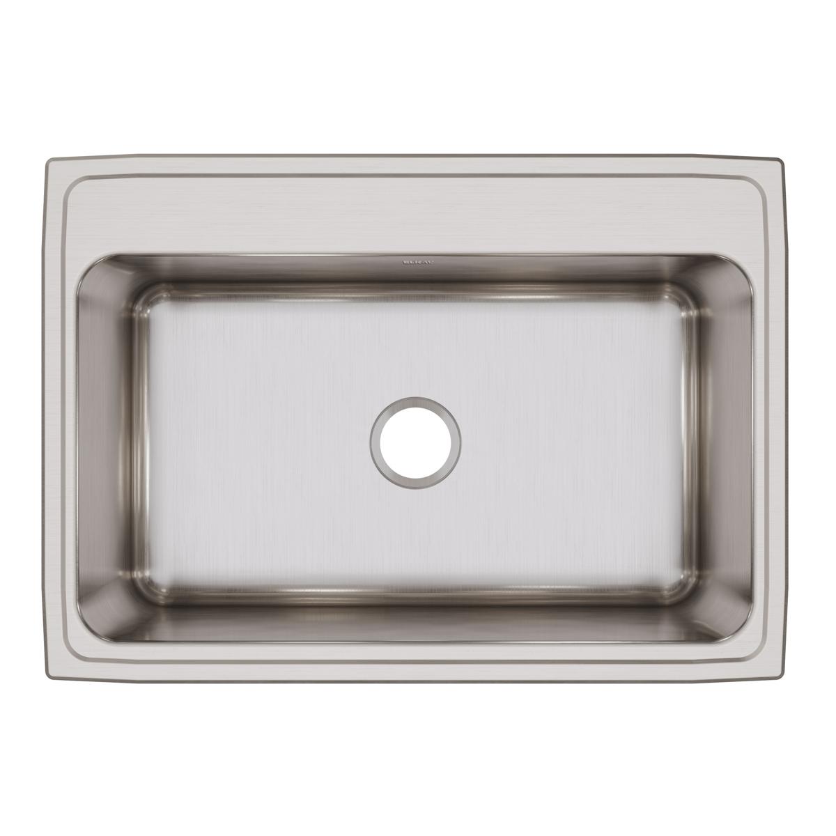 Stainless steel single bowl drop-in sink with brushed finish and one drain hole, viewed from above.