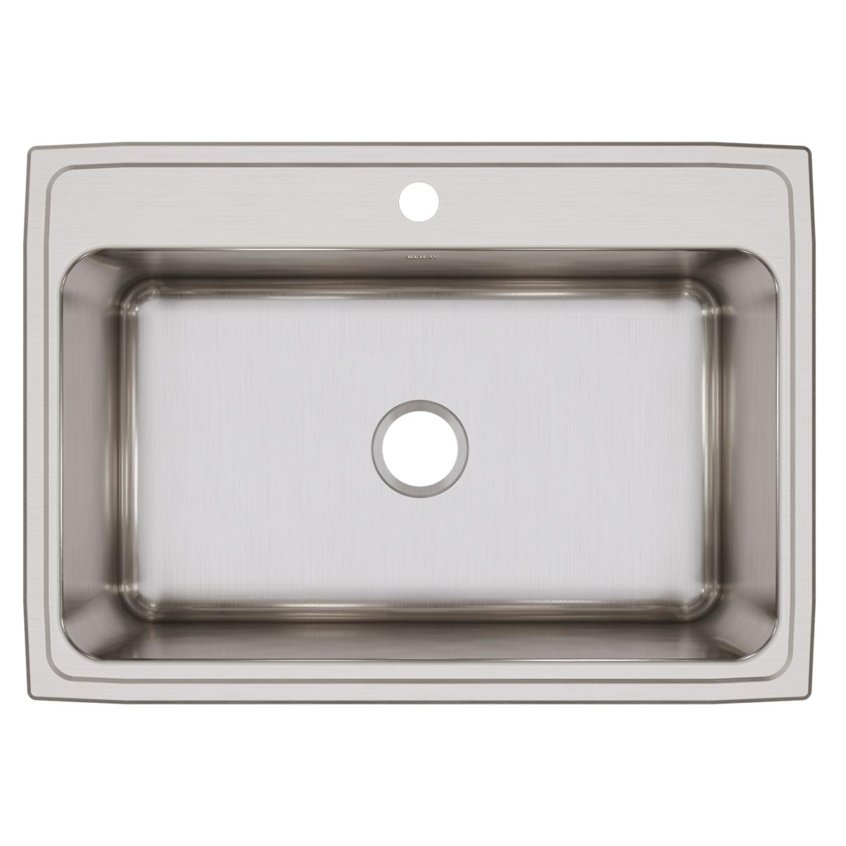 Stainless steel drop-in kitchen sink with single bowl and one faucet hole.