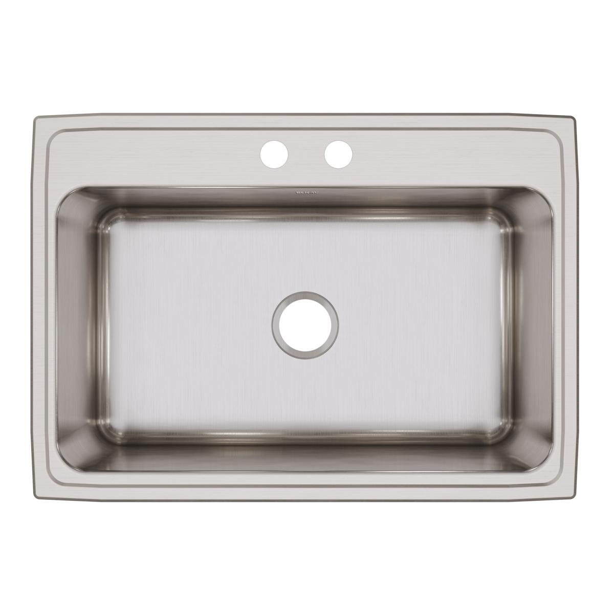 Stainless steel drop-in sink with single bowl, two pre-drilled holes, and brushed finish.