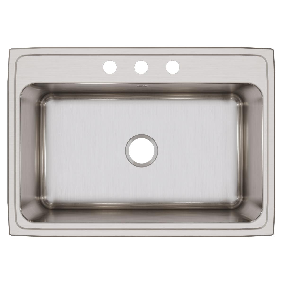 Stainless steel drop-in sink with single bowl, three faucet holes, and brushed finish.