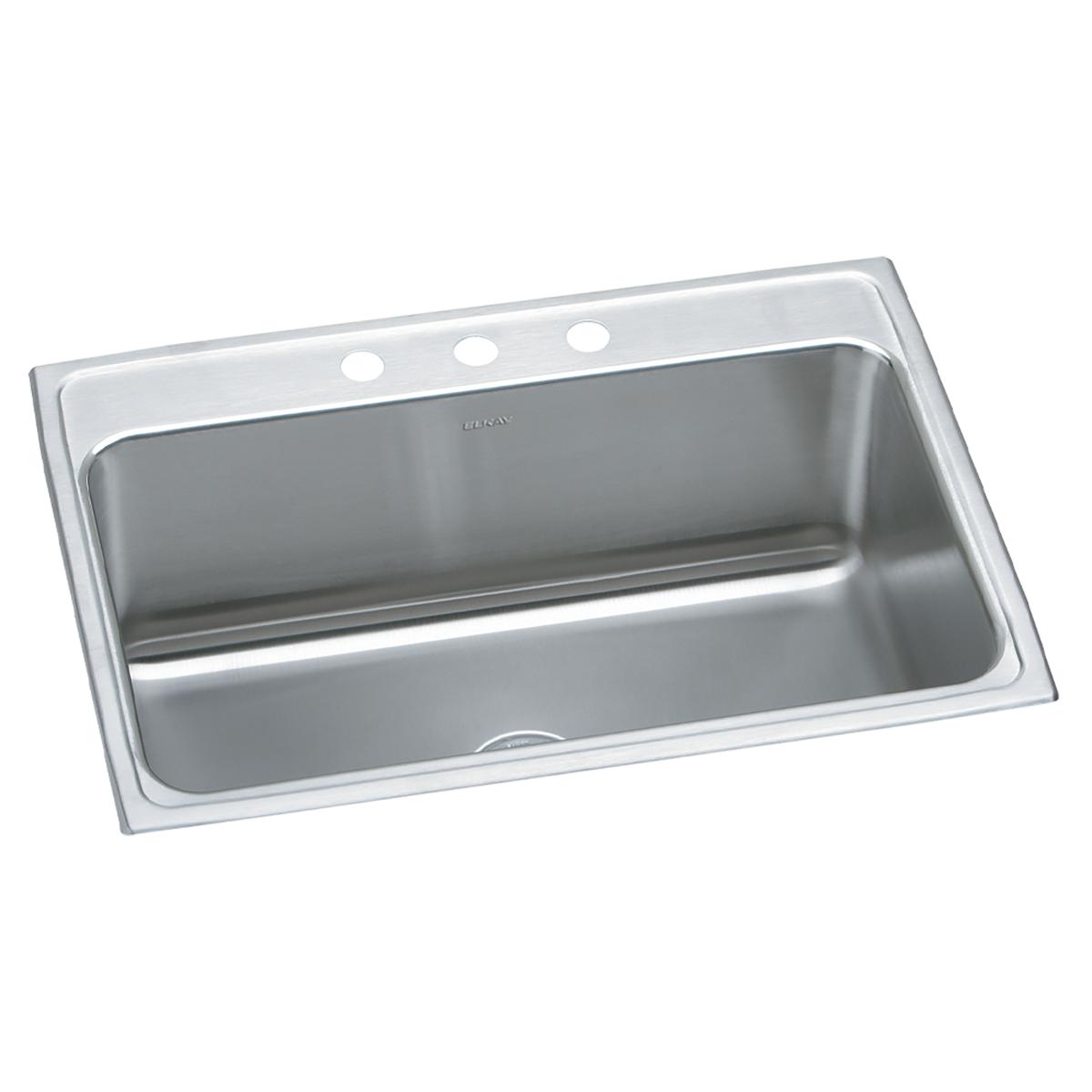 Stainless steel drop-in sink with single bowl, three pre-drilled holes, and brushed finish rim.