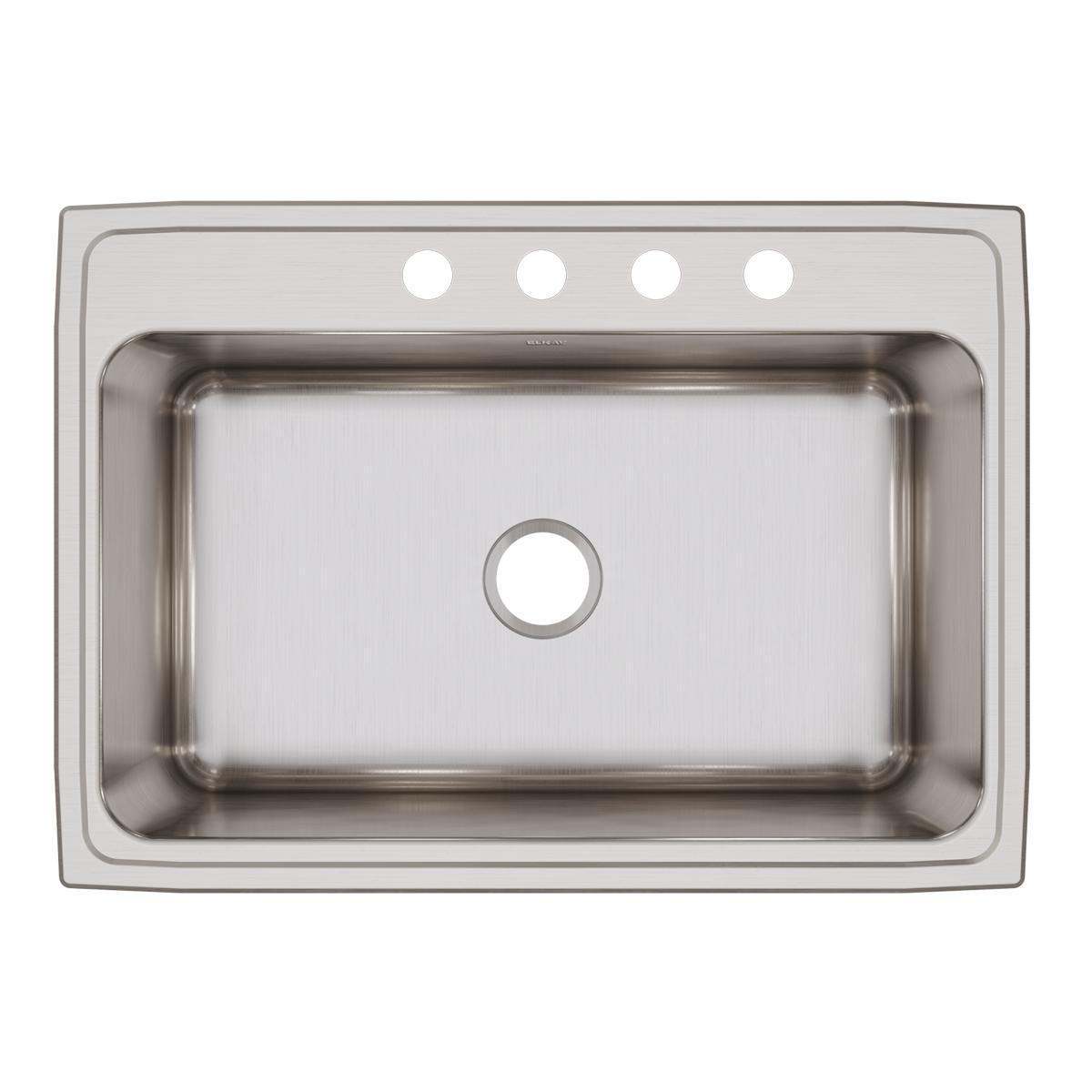 Stainless steel drop-in sink with single bowl and four mounting holes along top rim.