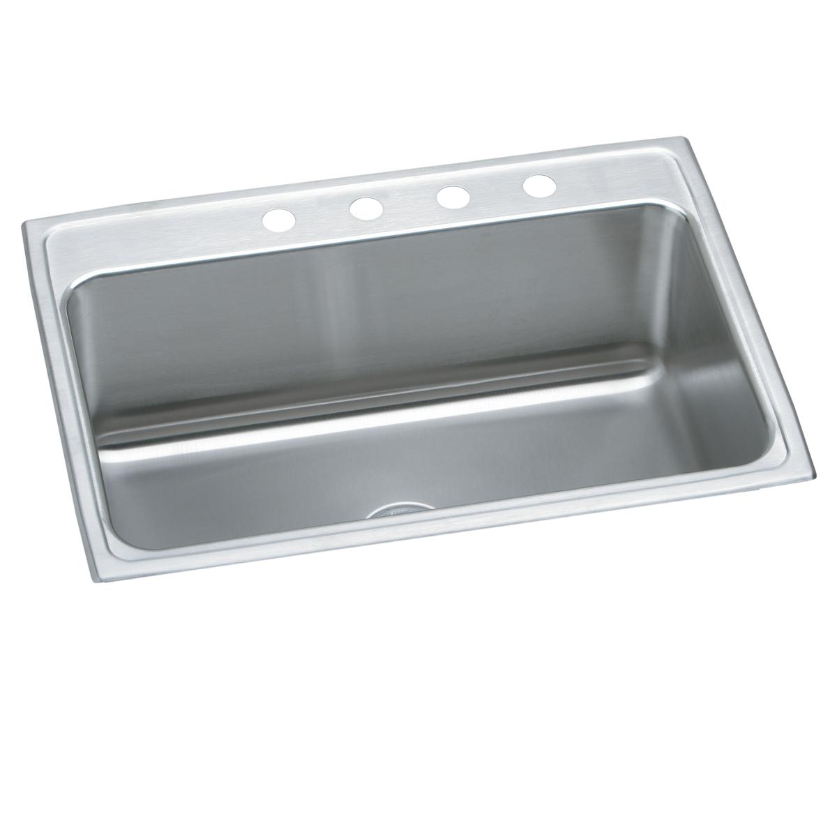 Stainless steel single bowl drop-in sink with four mounting holes along the rim.