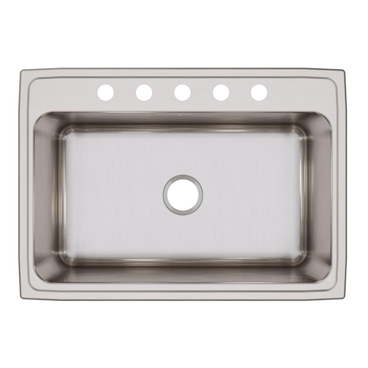 Stainless steel drop-in sink with single bowl and five mounting holes across top rim.