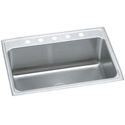 Stainless steel drop-in sink with single bowl and five holes on rim for faucet mounting.