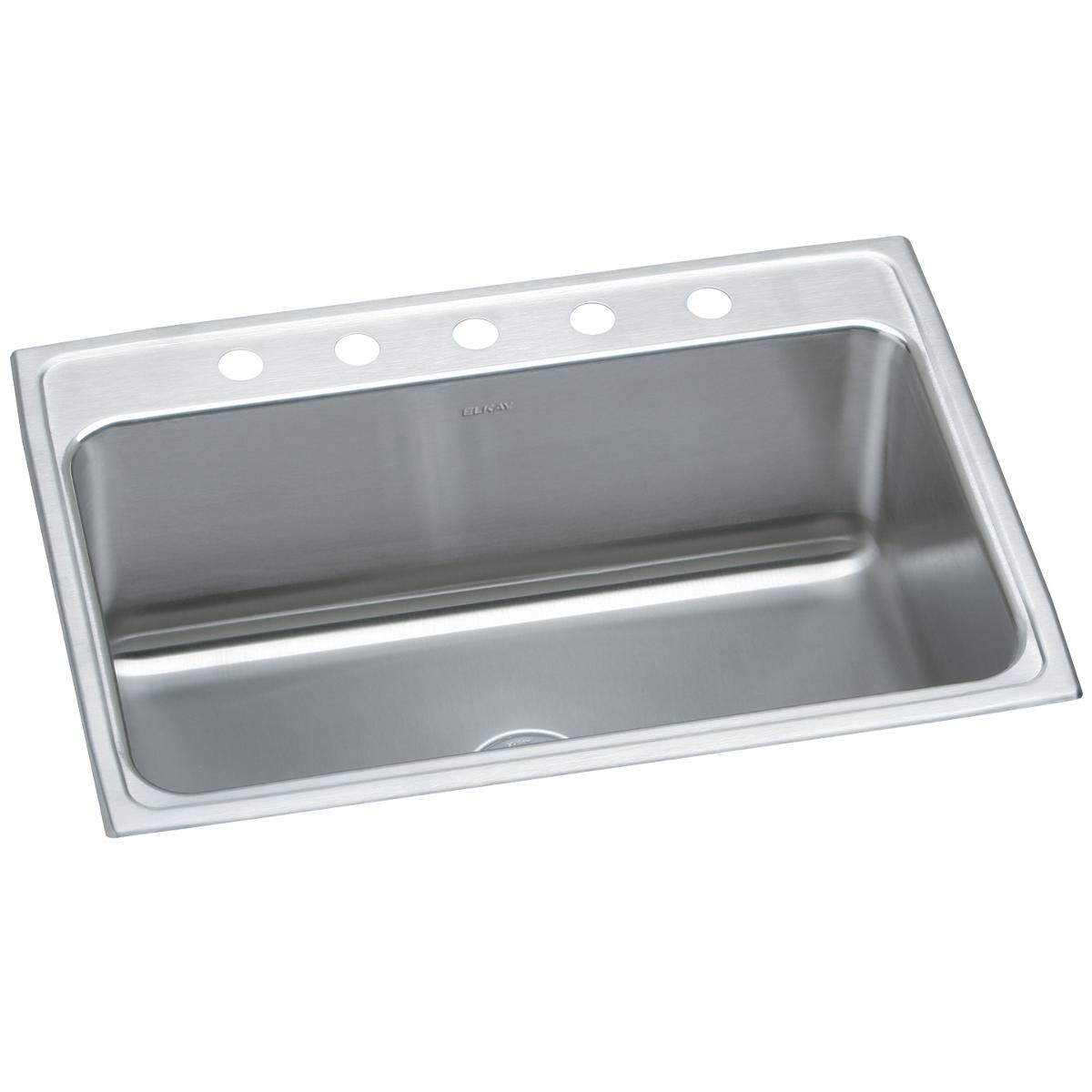 Stainless steel drop-in sink with single bowl and five holes on rim for faucet mounting.