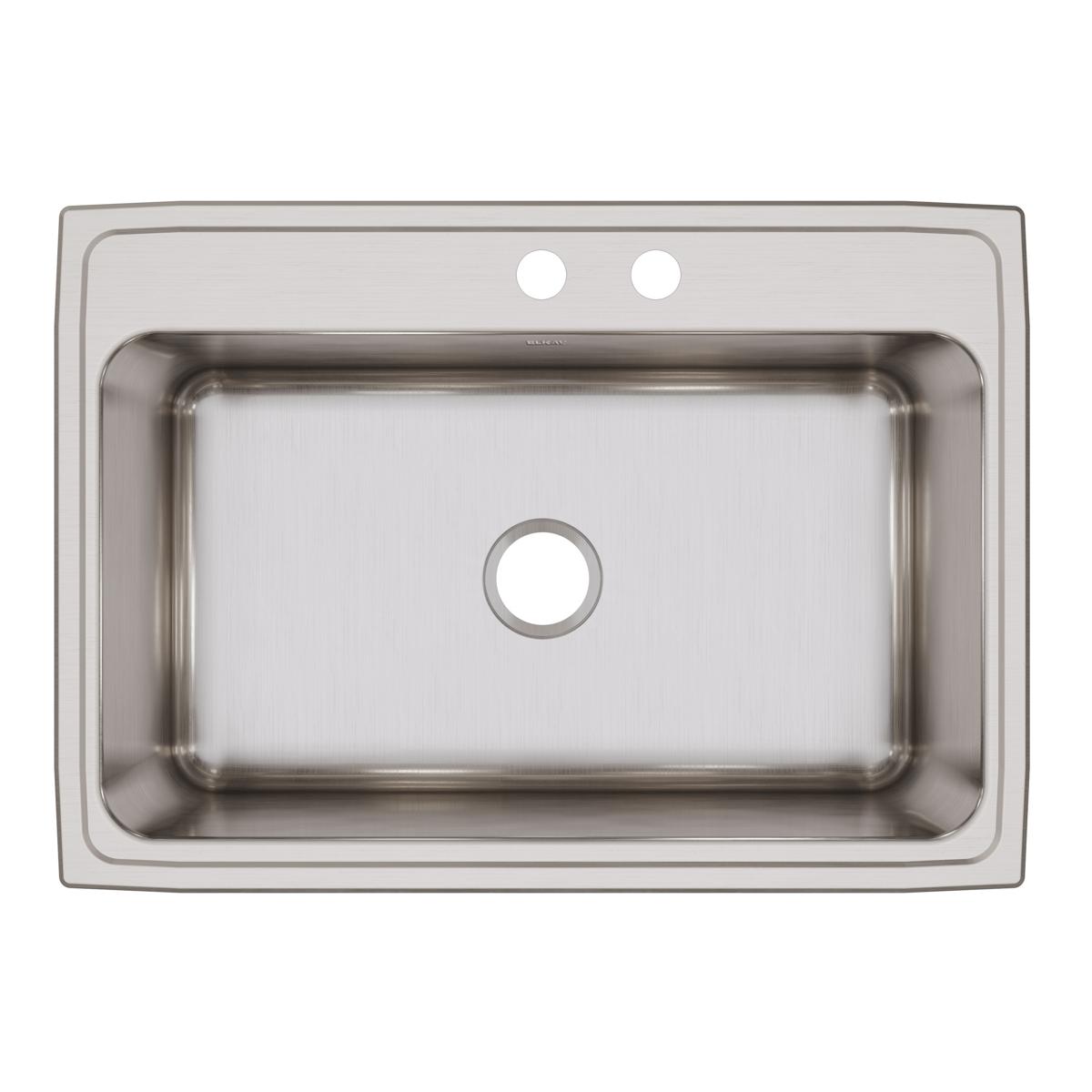 Stainless steel single bowl drop-in sink with two faucet holes and brushed finish.