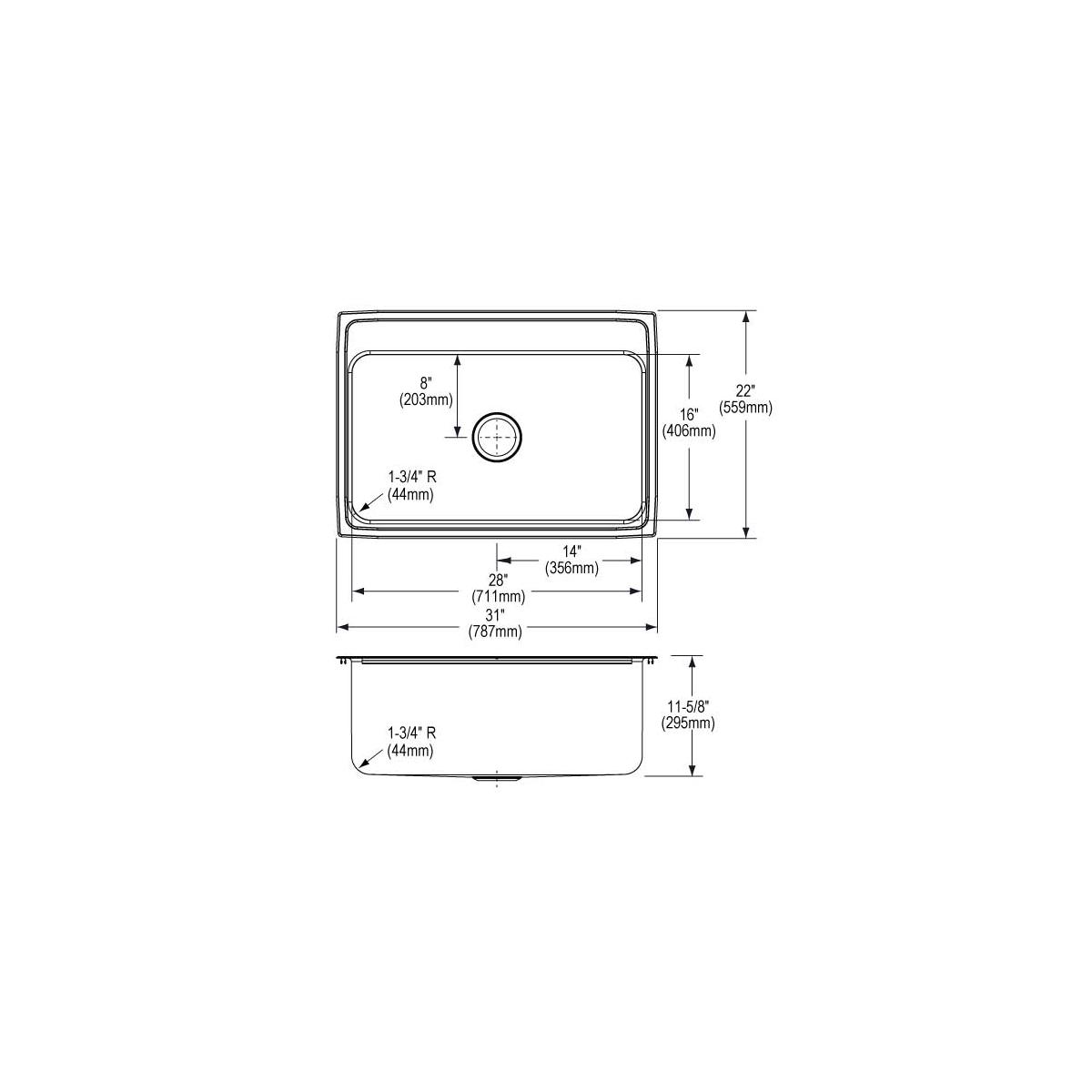 Stainless steel drop-in sink with single bowl and rounded corners, shown in top and side views with dimensions.