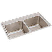 Stainless steel drop-in sink with two equal rectangular bowls and brushed finish surface.