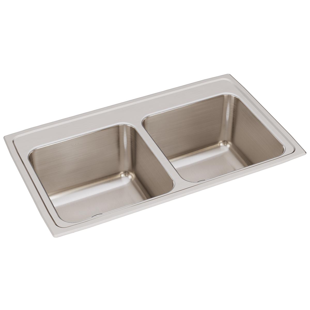 Stainless steel drop-in sink with two equal rectangular bowls and brushed finish surface.
