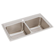 Stainless steel double bowl drop-in sink with two equal-sized rectangular basins and single faucet hole.