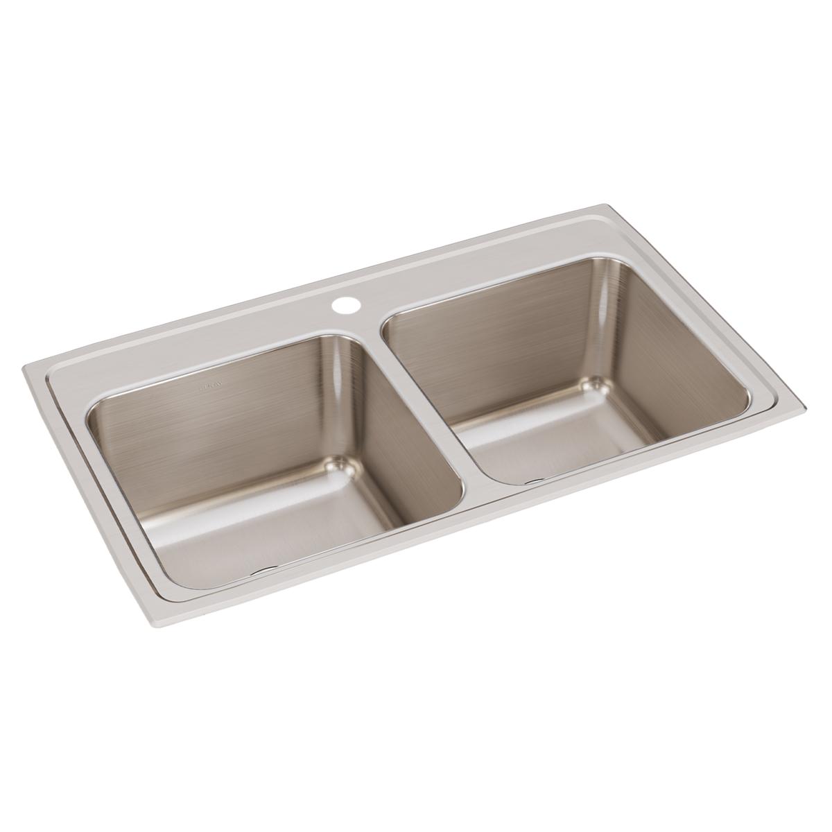Stainless steel double bowl drop-in sink with two equal-sized rectangular basins and single faucet hole.