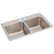 Stainless steel double bowl drop-in sink with two pre-drilled holes and brushed finish surface.