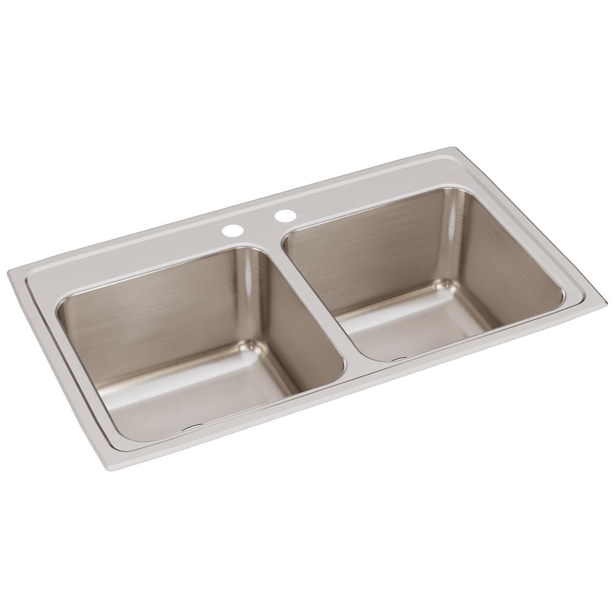 Stainless steel double bowl drop-in sink with two pre-drilled holes and brushed finish surface.