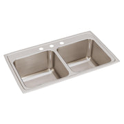 Stainless steel drop-in sink with two equal rectangular bowls and three holes along the rim.