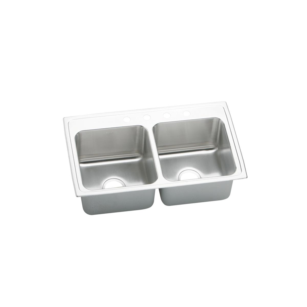 Stainless steel drop-in sink with two equal rectangular bowls and two holes for faucet installation.