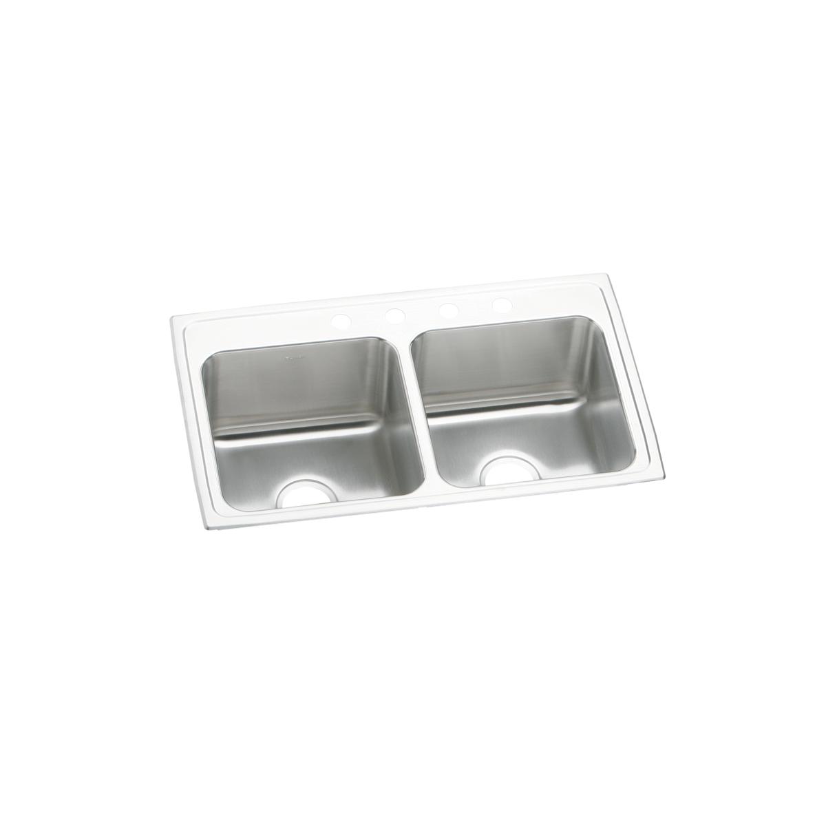 Stainless steel double bowl drop-in sink with white rim and two equal-sized rectangular basins with drain holes.