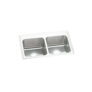 Stainless steel double bowl drop-in sink with white rim and two equal-sized rectangular basins with drain holes.