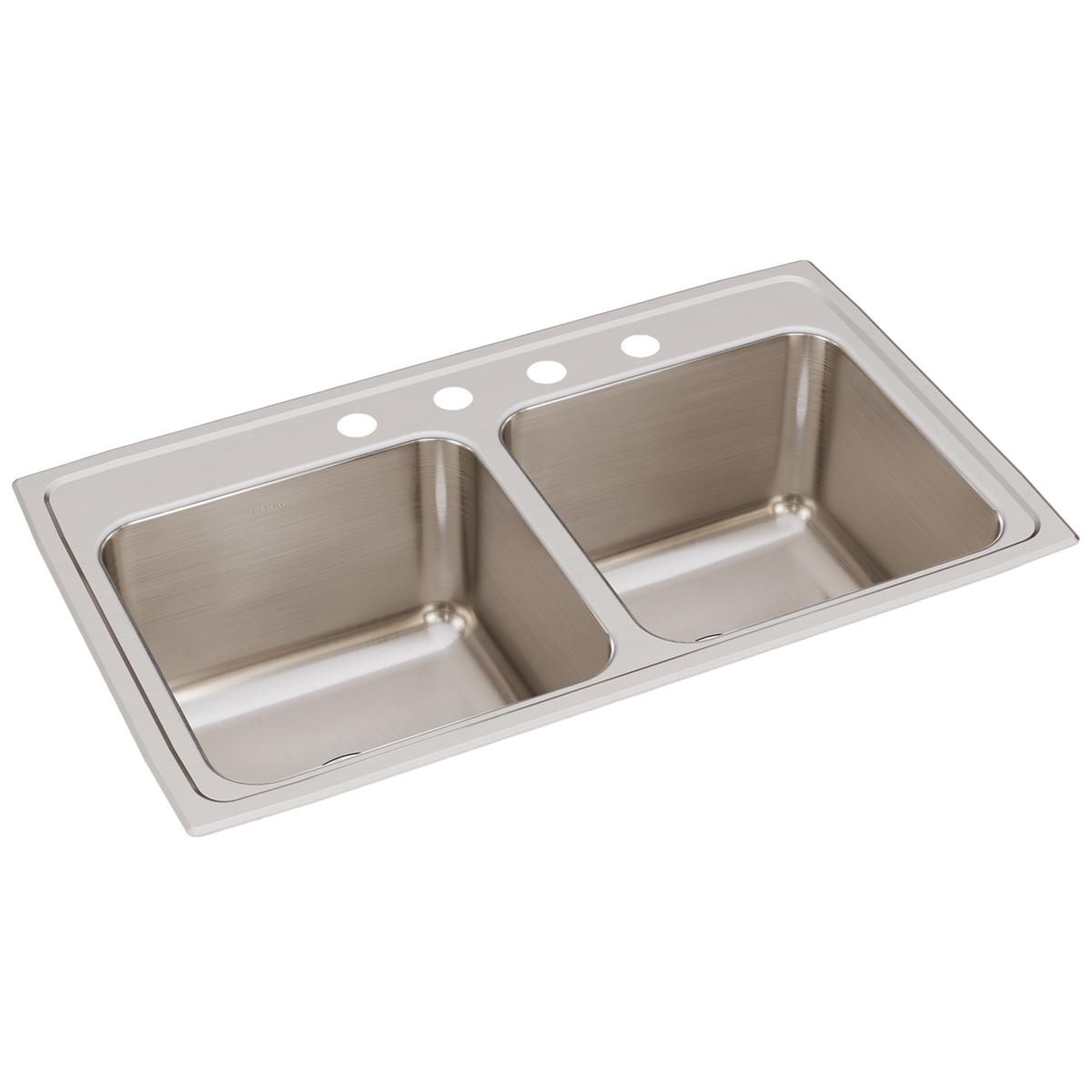 Stainless steel drop-in sink with two equal rectangular bowls and four pre-drilled holes across the rim.