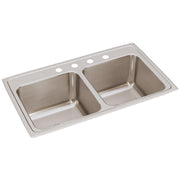 Stainless steel drop-in sink with two equal rectangular bowls and four pre-drilled holes across the rim.