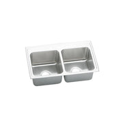 Stainless steel drop-in double bowl sink with equal-sized basins and single faucet hole.