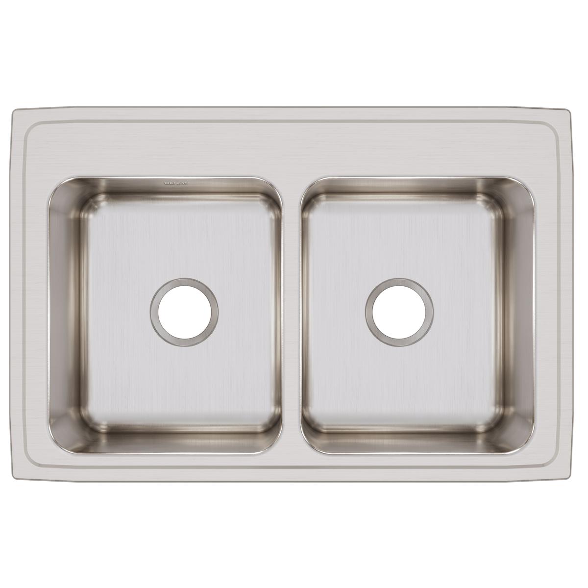 Stainless steel drop-in sink with two equal rectangular bowls and pre-drilled holes, brushed finish, viewed from above.