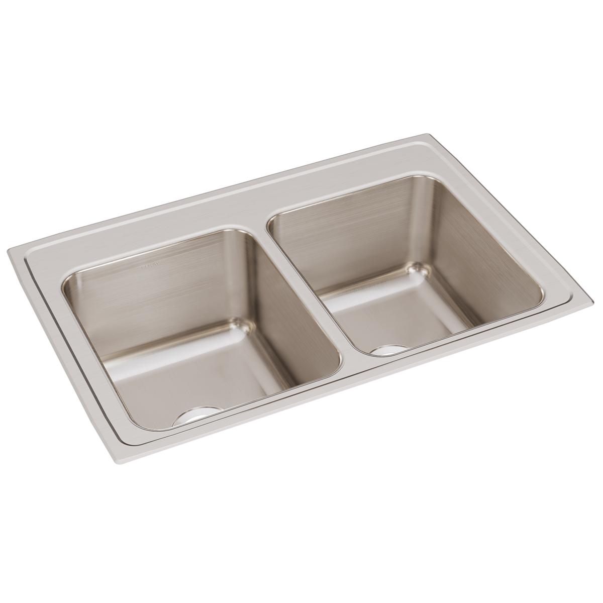 Stainless steel drop-in sink with two equal rectangular bowls and brushed finish surface.