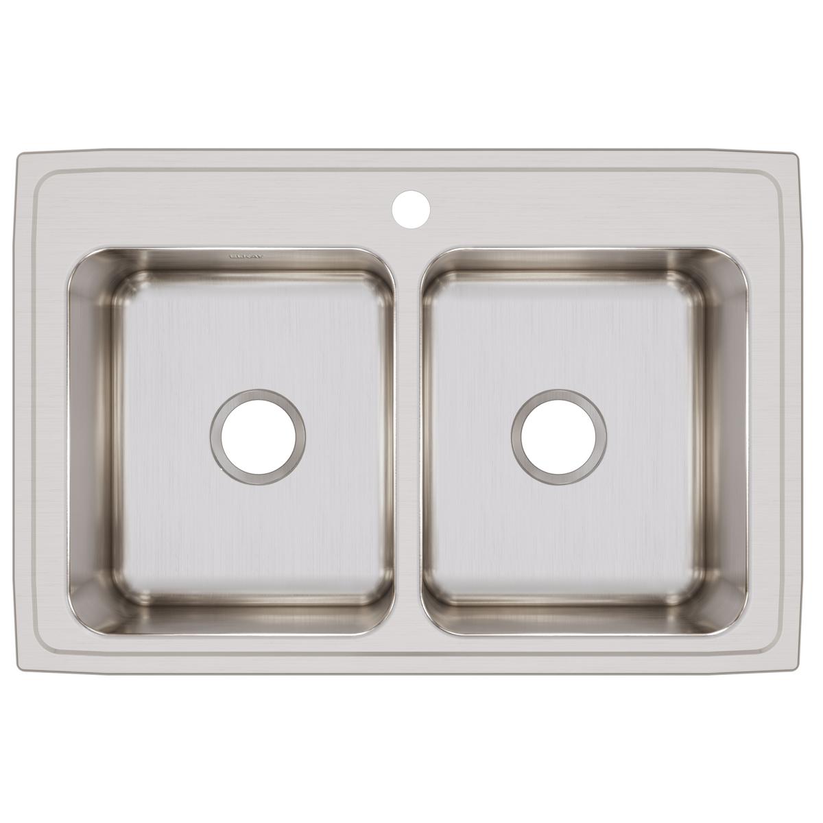 Stainless steel drop-in sink with two equal rectangular bowls and one faucet hole in brushed finish.