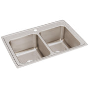 Stainless steel double bowl drop-in sink with brushed finish and single faucet hole.