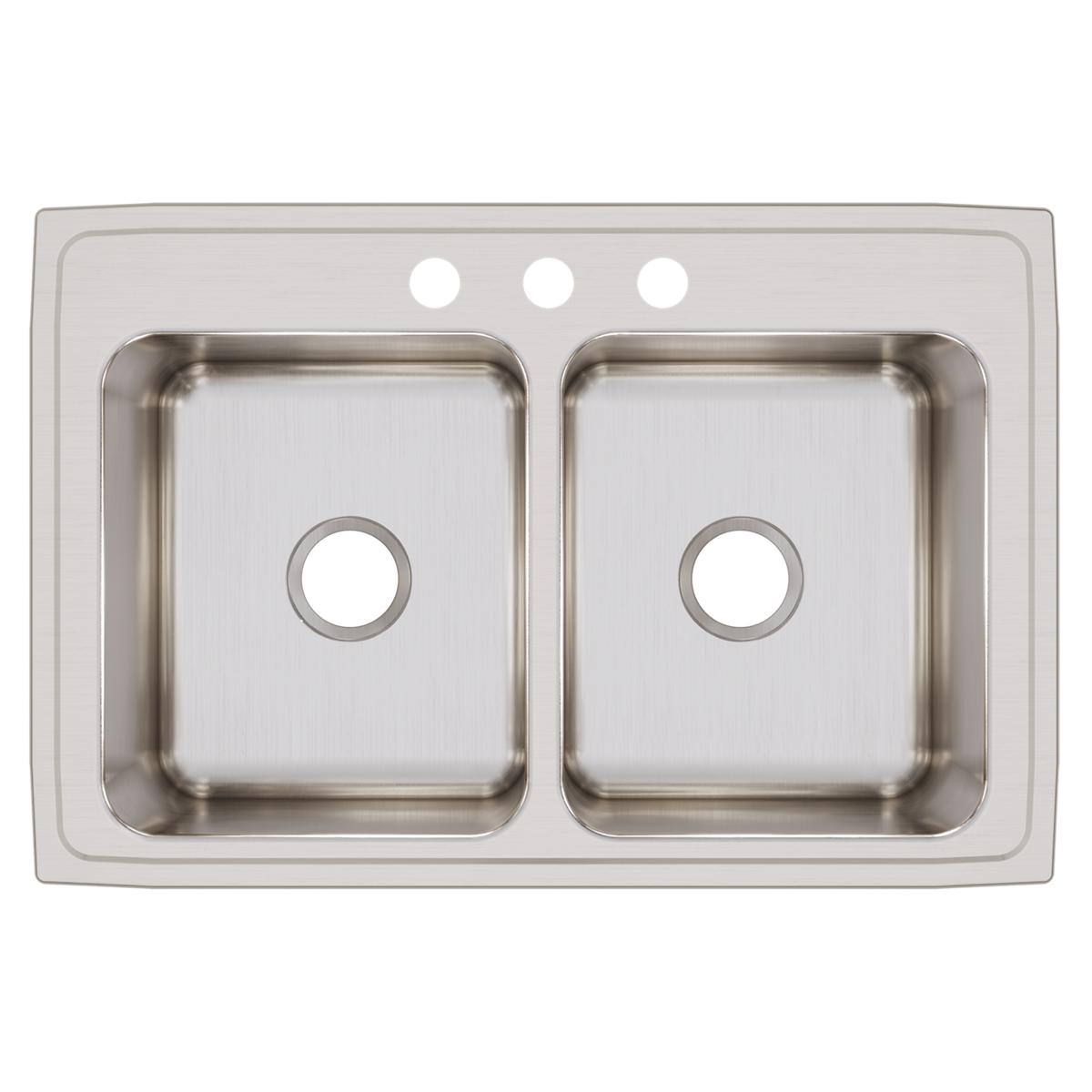 Stainless steel double bowl drop-in sink with two equal rectangular basins and three hole openings across the rim.