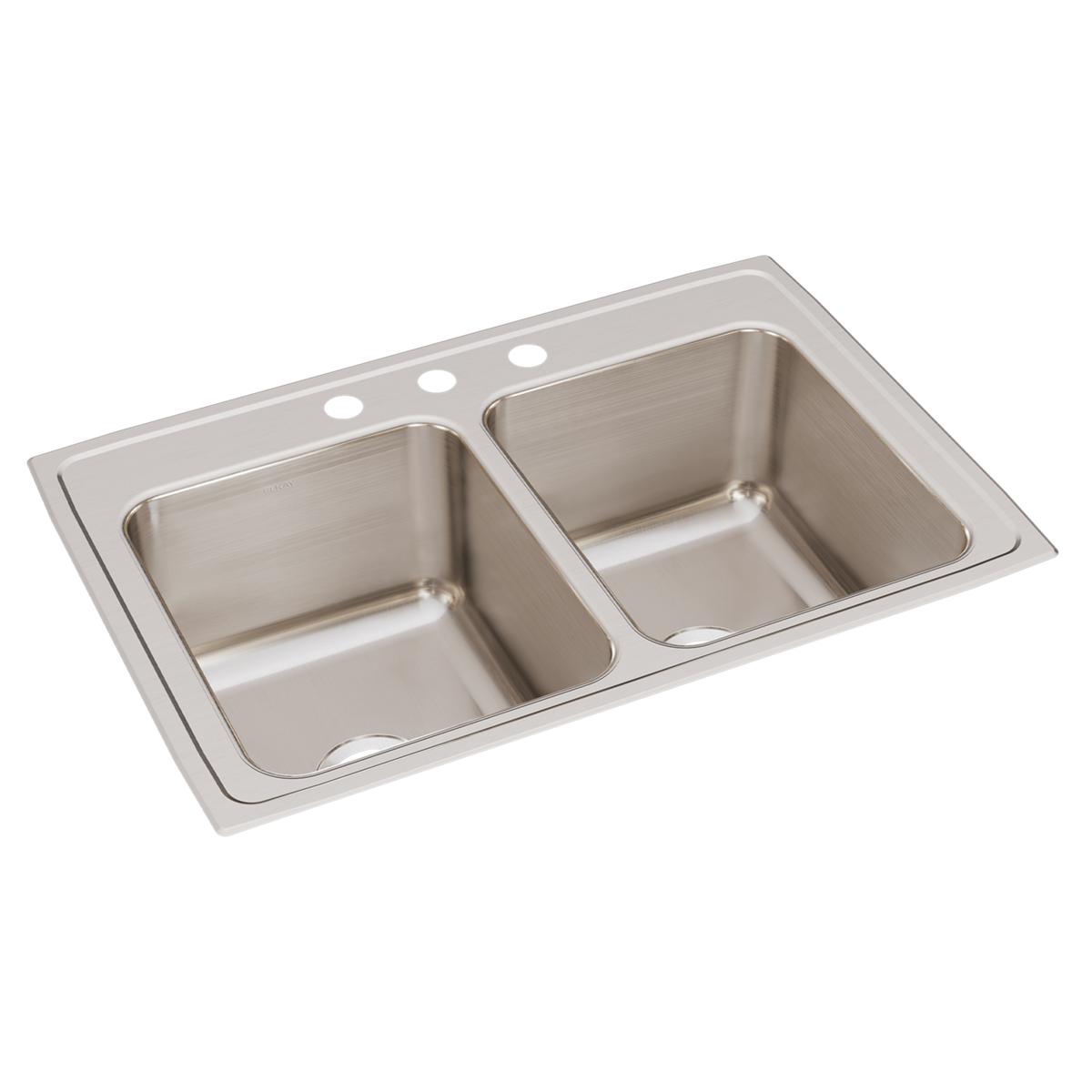 Brushed stainless steel drop-in sink with two equal rectangular bowls and three faucet holes across the rim.