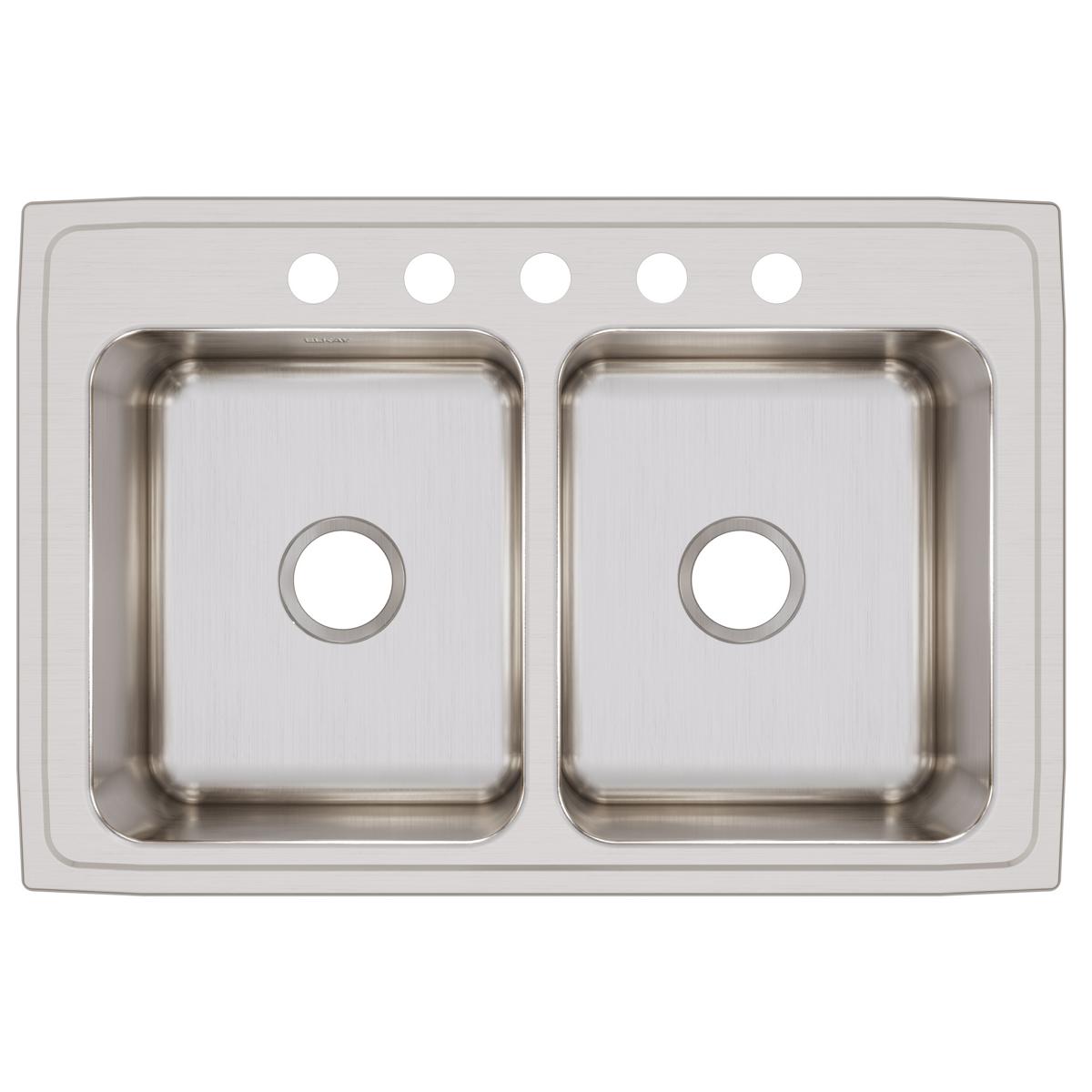 Stainless steel double bowl drop-in sink with five holes across the top rim for faucet installation.