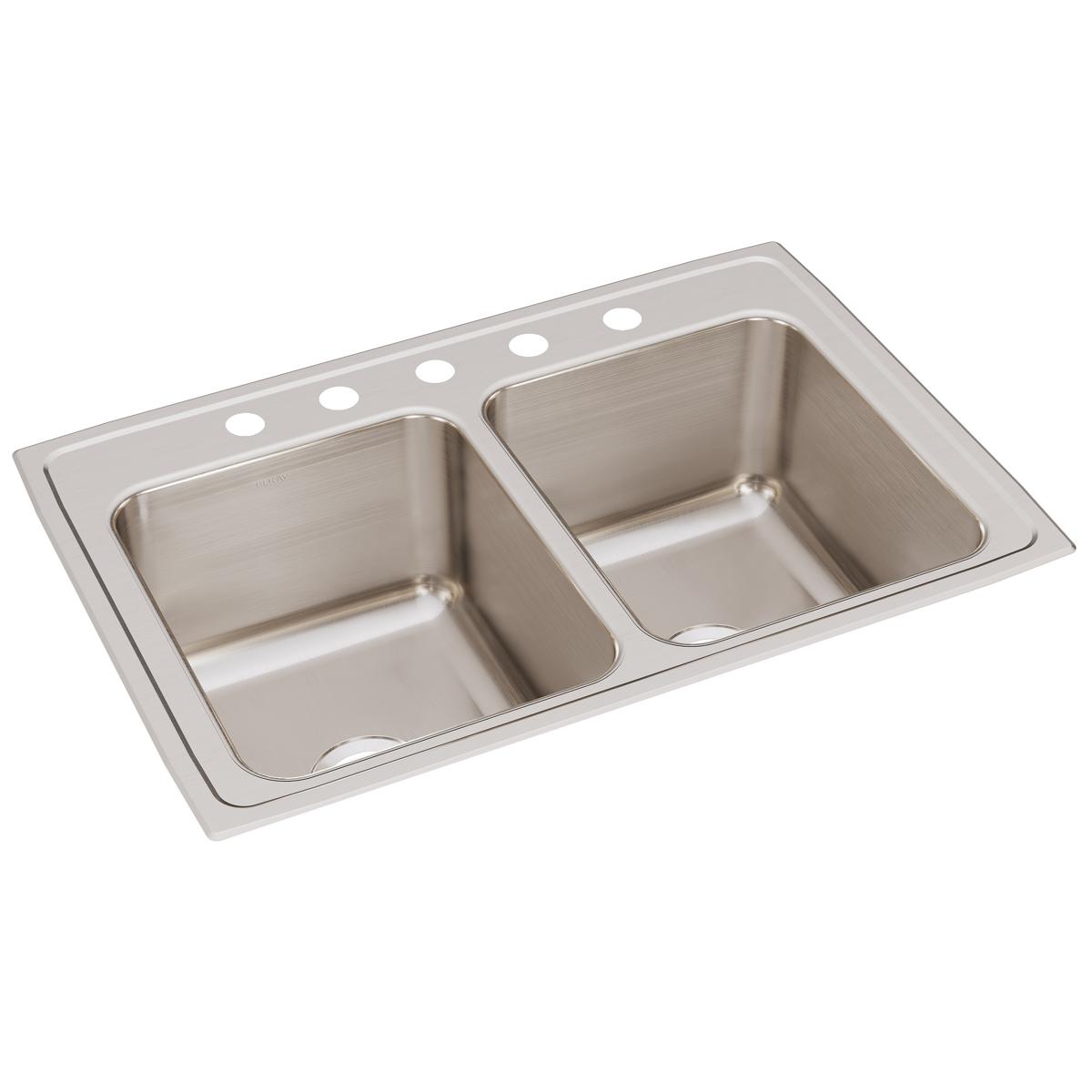 Stainless steel drop-in sink with two equal rectangular bowls and five holes across the rim for faucet mounting.