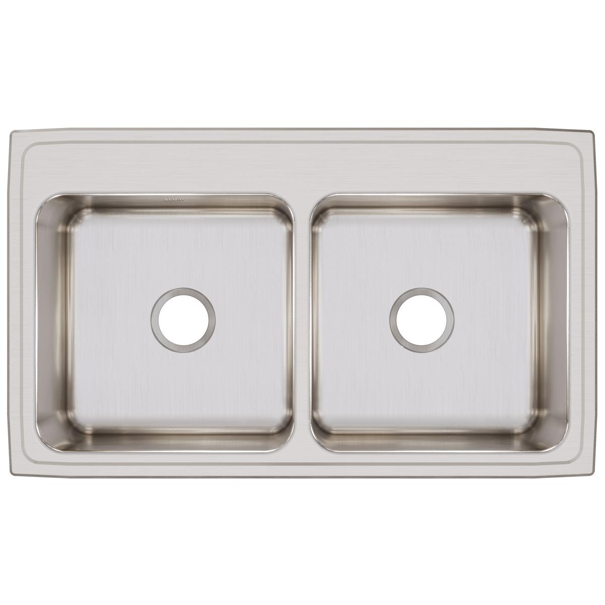 Stainless steel double bowl drop-in sink with two equal-sized basins and single drain holes.