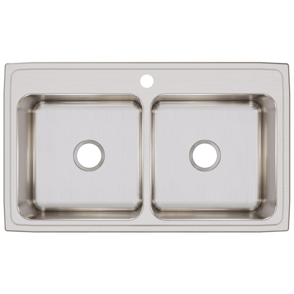 Stainless steel drop-in sink with two equal rectangular bowls and single faucet hole.