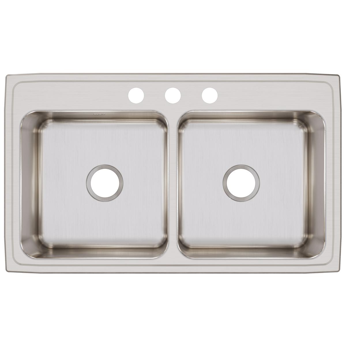 Stainless steel double bowl drop-in sink with three faucet holes across the rim and drain openings in each bowl.